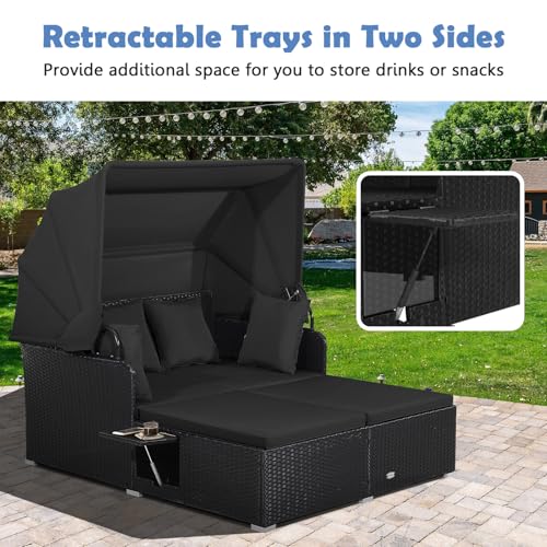 Tangkula Patio Rattan Daybed with Retractable Canopy, Outdoor Wicker Sunbed Lounger with 2 Foldable Side Tables, Thick Seat & Back Cushions, Outside Double Daybed for Garden, Backyard, Porch (Black)
