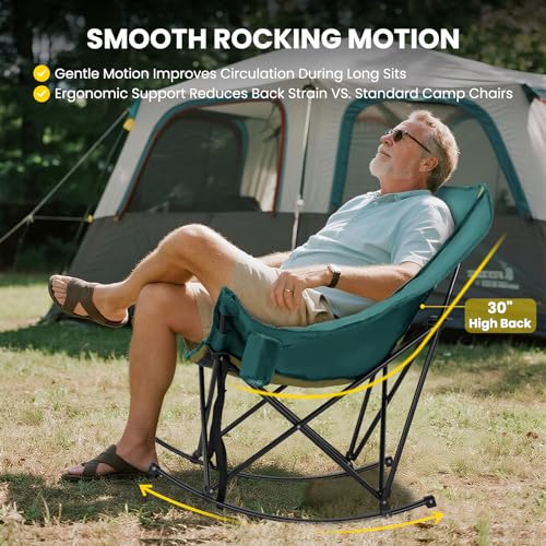 NAIZEA Folding Rocking Camping Chair, Portable Outdoor Rocker with Cooler Bag - 400lbs Capacity, 600D Oxford Fabric, Easy Fold Padded Rocker Chair for Patio, Lawn, Camping, Backyard, Beach