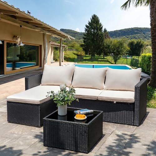 Shintenchi 4 Pieces Patio Furniture Sets, Outdoor Sofa Patio Sectional Sets All Weather, 2-in-1 Wicker Rattan Seating Sofa Couch with Cushions & Coffee Table for Yard, Garden, Porch, Poolside (Beige)