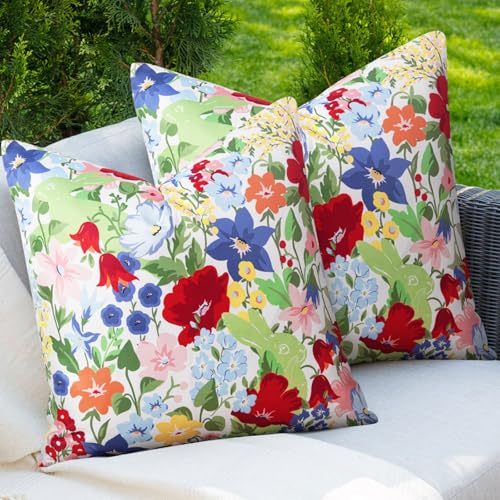 Adabana Spring Summer Outdoor Waterproof Floral Pillow Covers Set of 2 Square Colorful Couch Cushion Cases 18x18 Inch Waterproof Decorative Pillows for Patio Garden Beach,Colorful