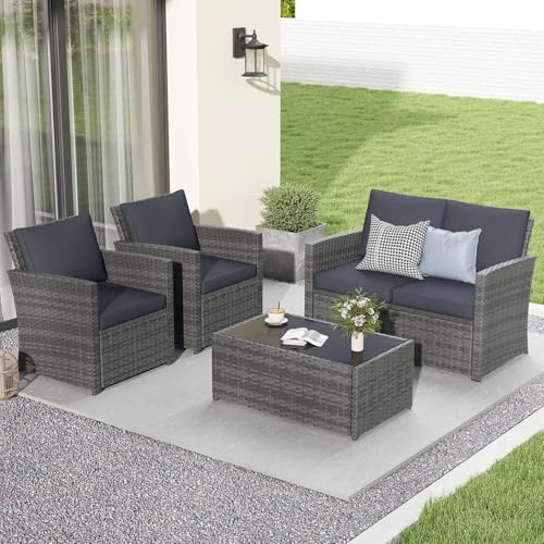 JOIVI 4 Piece Outdoor Patio Furniture Set, All-Weather Wicker Patio Conversation Set, PE Rattan Sofa Set with Loveseat Chair and Tempered Glass Coffee Table, Dark Gray