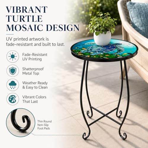 Kaesithar 2-Pack 15 Inch Tall Mosaic Patio Side Tables Style, Metal Folding Turtle Table Set, Shatterproof Outdoor Patio Table for Porch Deck, Rust Resistant Small Garden Table (Set of 2)