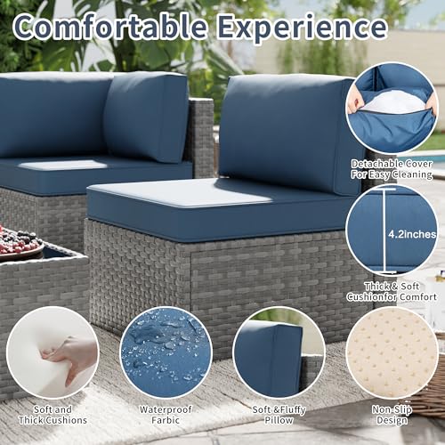 SUNLEI Outdoor Patio Furniture Set 5 Pcs, Rattan Balcony Furniture with Backrest Glass Table & Washable Cushions Small Conversation Patio Set with Sectional Design (Silver/Navy Blue)