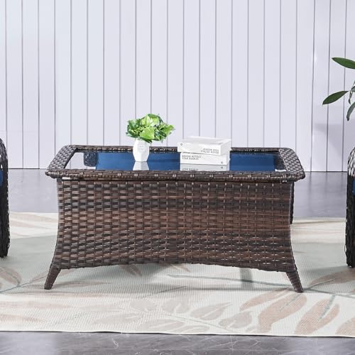 Belord Outdoor Coffee Table with Tempered Glass Top, Patio Rectangular Brown Wicker, Handwoven Rattan Coffee Table Compatible with Patio Furniture Sets for Porch Deck Backyard