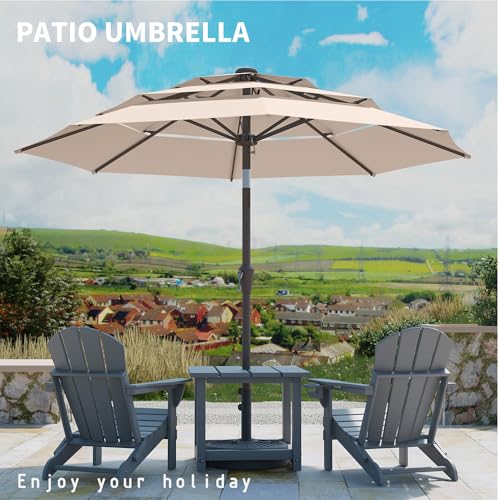 Patio Kingdom 10FT Patio Umbrella 3 Tiers Outdoor Market Umbrella w/Push Button Tilt, Crank, UV and Waterproof Table Umbrella for Garden, Pool, Backyard, Deck, Lawn, Beige