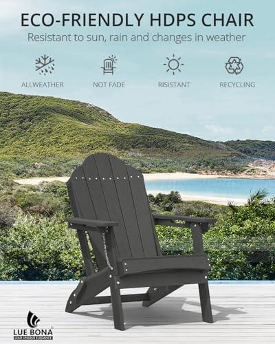 LUE BONA Folding Adirondack Chair, Chairs Set of 4, Cup Holder, Woodgrain, Fire Pit, Patio, Pool, Black