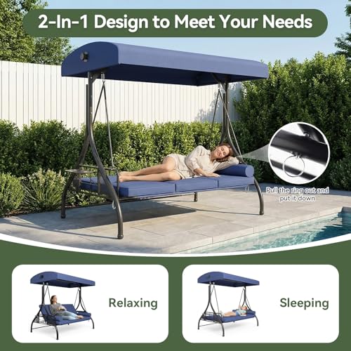 Aoxun Outdoor Porch Swing with Stand and Canopy, 3 Seats Outdoor Swings for Adults, Convertible 2 in 1 Swing Bed with Cup Holder, Patio Swings with Thicken Cushions for Garden, Yard & Balcony, Blue