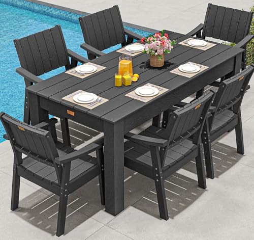 ZHUSI Patio Table and Chairs Set, Outdoor Table and Chairs,HIPS Outdoor Dining Set with Umbrella Hole for Backyard, Poolside, Porch (Black, 7PC)