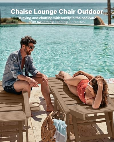 YEFU Lounge Chair Outdoor Set of 2: Outdoor Chaise Lounge with 5-Level Adjustable Backrest, Cup Holders & Wheels, All-Weather Resistance Chaise Lounge for Outside/Patio/Beach/Deck, Teak