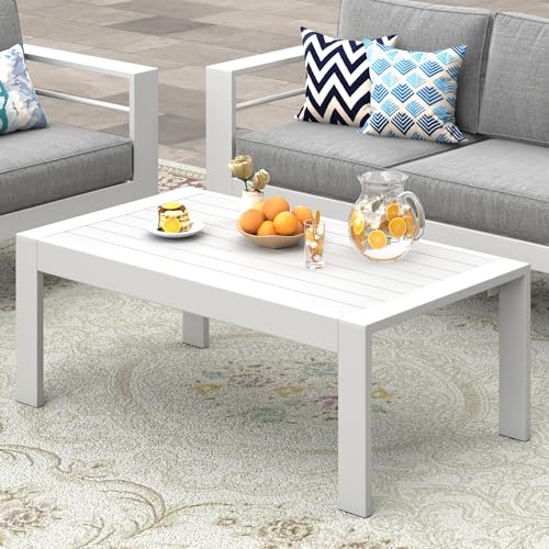 Wisteria Lane Aluminum Outdoor Furniture Patio Coffee Table, All-Weather Outdoor Metal Coffee Table, Modern Rectangle Coffee Table for Balcony, Garden, White