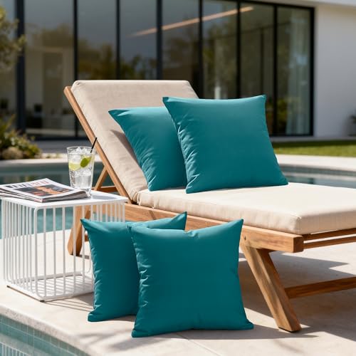 Amazon Basics 4-Piece Outdoor Decorative Throw Pillow Covers, Water Resistant All-Weather Pillow Protectors for The Garden, Patio, Balcony, Couch and Sofa, 18 x 18 Inches, Teal