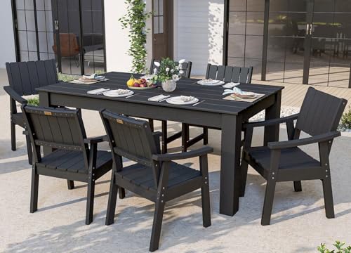 ZHUSI Patio Table and Chairs Set, Outdoor Table and Chairs,HIPS Outdoor Dining Set with Umbrella Hole for Backyard, Poolside, Porch (Black, 7PC)