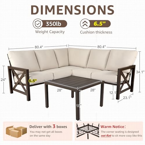NATURAL EXPRESSIONS 6 Pieces Patio Furniture Sets, Metal Outdoor Sectional Furniture L Shape Patio Conversation Sets,Highback Frame,Metal Table,Large Waterproof Cover, 6.5" Olefin Cushions