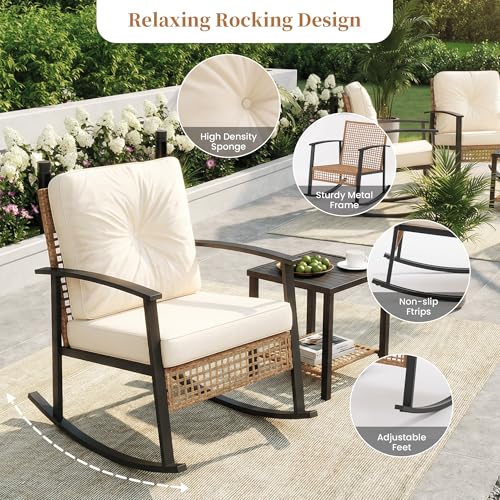 COSIEST 3-Piece Outdoor Rocking Chairs Bistro Set, Rattan Patio Furniture with Thick Warm Beige Cushions & 2-Tier Storage Coffee Table for Garden, Porch, Balcony,Backyard