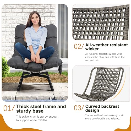 Shintenchi Outdoor Wicker Swivel Chair,Grey Rattan Patio Rotating Chair with Cushion,360° Rotation Patio Lounge Chairs for Living Room Bedroom Backyard Balcony(Grey Cushion)