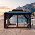GarveeLife 12 ft x14 ft Hardtop Gazebo for All Weather, with Double Metal Roof, Aluminum Alloy Frame, Net, and Curtain, Permanent Building for Patio, Deck, Backyard, Lawn, and Garden, Gray