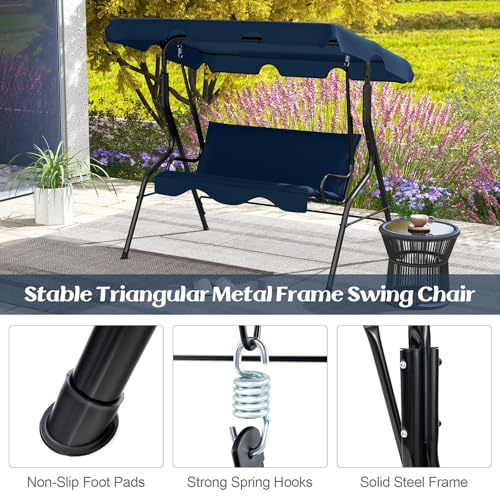 Tangkula 3 Person Porch Swing, Patio with Removable Cushion & Powder-Coated Steel Frame, Outdoor Swing with Canopy for Porch, Backyard, Garden, Balcony(Navy)