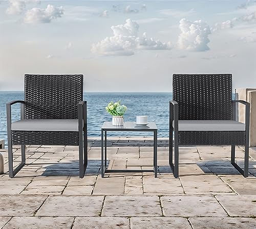 Homall Balcony 3 Piece Furniture Table Garden Backyard Outdoor Patio Use Porch Chairs Cushioned PE Wicker Bistro Set Rattan (Grey)