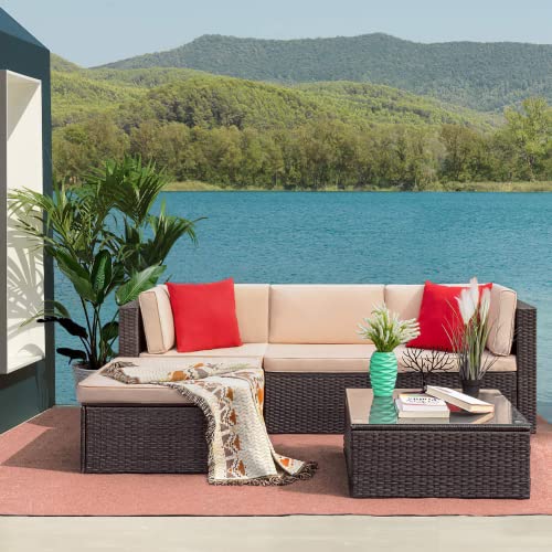 Furniwell 5 Pieces Outdoor Sectional Furniture Set Patio Wicker Rattan Sofa Set Backyard Couch Conversation Sets with Pillow, Cushions and Glass Table (Beige)