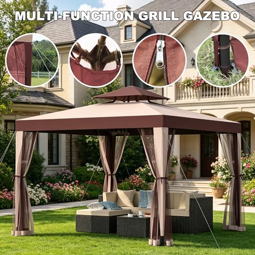 Outdoor Gazebo for Patio, 10×10 Canopy Tent with Mosquito Nettings & Double Roofs, Easy Setup Canopy Shelter for Party, Patio Gazebo for Lawn, Backyard, Garden (Red, 10'x10')