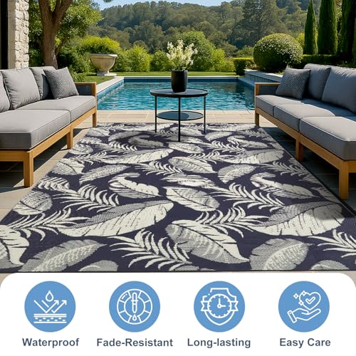 OPPODREAM Reversible Outdoor Rug 5x7, Waterproof Outdoor Plastic Straw Rug for Patio, Tropical Leaf RV Camping Rugs for Outside, Deck, Balcony, Porch, Backyard, Camping, Rv, Navy and Cream White