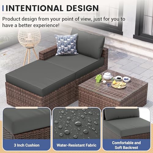 UDPATIO 5 Piece Patio Furniture Set, All-Weather Wicker Outdoor Sectional Sofa,Rattan L Shaped Outdoor Conversation Patio Sectional with Ottoman, Glass Table for Balcony Porch Backyard,Grey