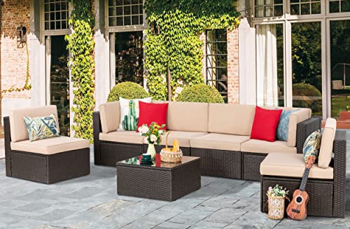 Vongrasig 8 Pieces Patio Furniture Set with 43" Fire Pit, Outdoor Couch Sectional Set, Small Conversation Set, 50,000 BTU Gas Fire Pit Propane Fire Table with Lid, Beige