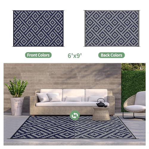 GENIMO Outdoor Rug for Patio Clearance, 6'x9' Waterproof Camping Mat, Reversible Plastic Straw Rugs for RV, Camper, Balcony, Backyard, Picnic, Deck (Blue & Grey)
