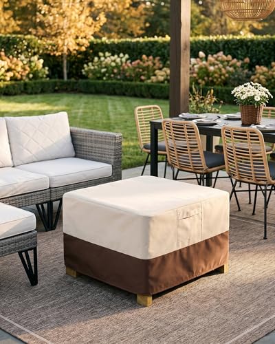 Vailge Rectangle Patio Ottoman Cover, Waterproof Outdoor Ottoman Cover with Padded Handles, Patio End Table Cover, Heavy Duty Patio Furniture Covers (Medium,Beige & Brown)