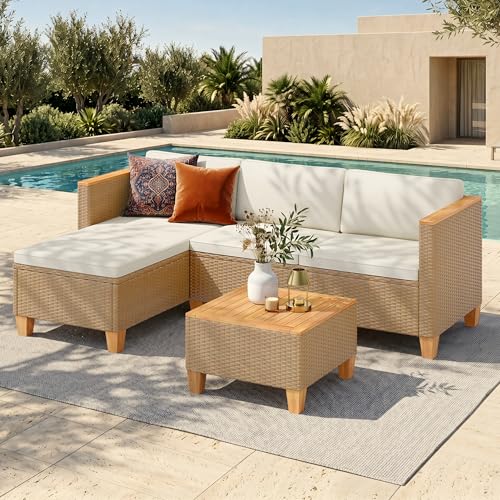 HERA'S HOUSE Small Patio Furniture Set, 3 Pieces Wicker Outdoor Sectional Sets,Yellow Rattan Conversation Set with Sofa and Coffee Table for Garden and Backyard, l Shape Boho Balcony Couch Sets