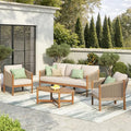 Christopher Knight Home Bubi 5-Seater Patio Furniture Set with Cushion, 4 Piece Outdoor Acacia Wood Conversation Set, Sold Wood Outdoor Sectional Sofa Set with Coffee Table, Teak+Beige