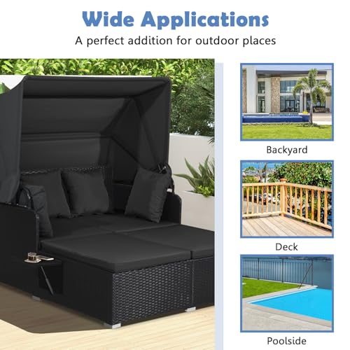 Tangkula Patio Rattan Daybed with Retractable Canopy, Outdoor Wicker Sunbed Lounger with 2 Foldable Side Tables, Thick Seat & Back Cushions, Outside Double Daybed for Garden, Backyard, Porch (Black)