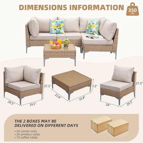 SunloungeCo 5-Piece Patio Furniture Set, Outdoor Wicker Sectional Sofa with Coffee Table, Anti-Slip & Thick All-Weather Cushions for Party, Garden, Backyard, Beige