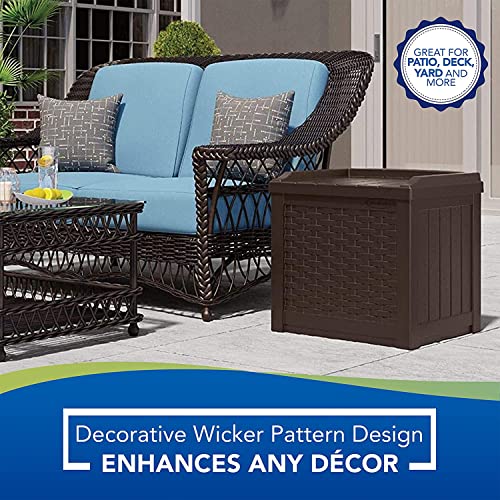 Suncast Small Outdoor Storage Box - 22 Gallon Java Resin Outdoor Deck Box, Flat-Lid Bench Seating, Patio Storage Bin Container for Organizing Tools, Cushions for Porch, Deck, Pool, & Garden