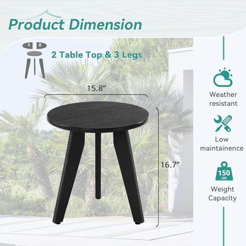 Homenjoy HDPS Outdoor Side Table, Small Round Side Table Weather-Resistant, Outdoor Side Tables for Patio, Porch, Deck, End Table for Plant Stand, Living Room, Bedroom, Black