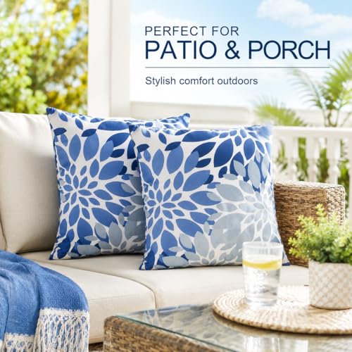 JMKaixin Set of 2 Waterproof Outdoor Throw Pillows with Inserts – 18x18 Inch Square Pillows for Patio Furniture, Garden Chairs, Couch, or Bench – Indoor/Outdoor Decorative Use
