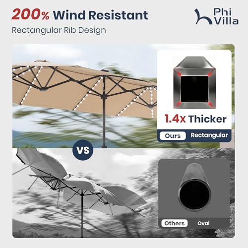 PHI VILLA 13ft Patio Umbrella with Solar-Powered 120 PCS LED Color-Changing Lights, Triple-Head Large Rectangle Umbrella Outdoor Patio for Table with Crank Lift,Beige(No Base)