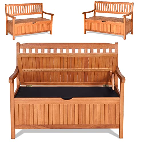 S AFSTAR Outdoor Patio Bench with Storage Box, 33 Gallon Storage Bench Deck Box with Dustproof Liner, Comfort Backrest & Wide Armrest, 800 lbs Capacity, Wood Bench for Garden Patio Park Porch