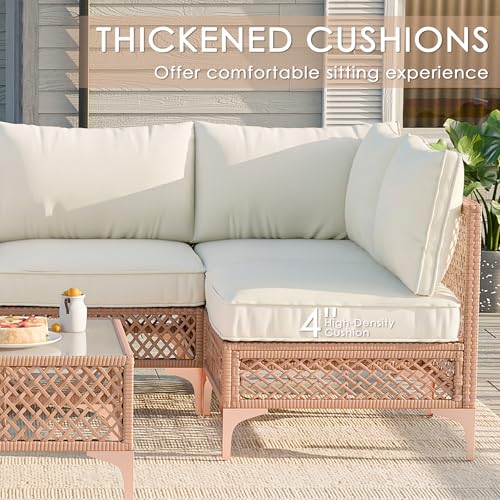 Vikiullf Patio Conversation Sets, 7 Piece Outdoor Furniture Set with Thick Cushions, Wicker Sectional Sofa Set with Coffee Table for Backyard, Poolside, Garden (Beige)