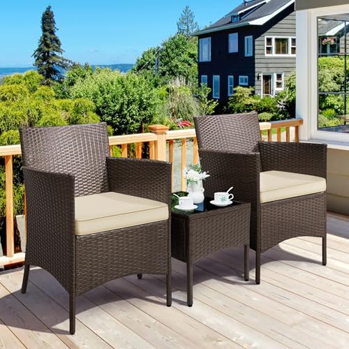 Yaheetech 3 Pieces Patio Porch Furniture Set, Outdoor PE Rattan Wicker Conversation Set with Soft Cushions, Glass Coffee Table & 2 Chairs for Garden/Deck/Courtyard/Poolside, Brown/Khaki