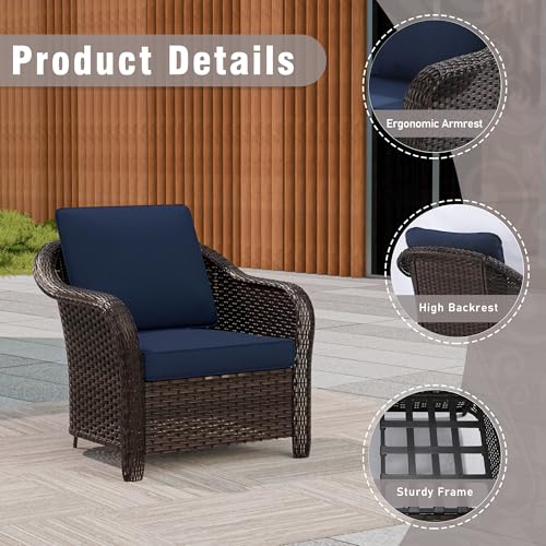 Qsoer Outdoor Wicker Chair Set of 2, All-Weather Use Patio Rattan Chair with Seat and Back Cushion, Ideal for Porch, Backyard, Balcony, Poolside, Blue