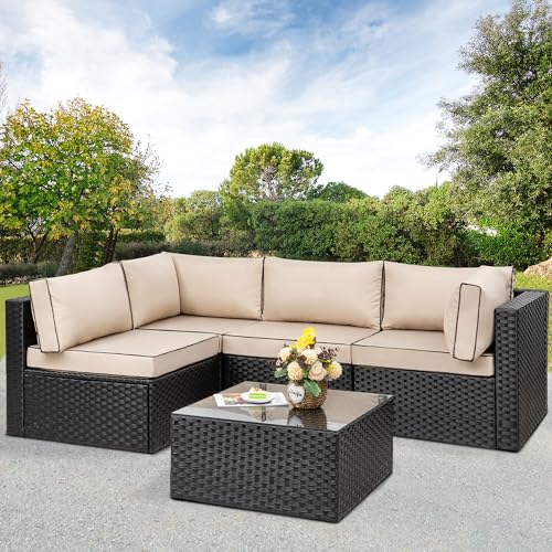 Patio Furniture Sets, 5 Piece Outdoor Sectional Sofas, Wicker Rattan Outdoor Furniture Patio Conversation Set, All-Weather PE Rattan Outdoor Couch for Backyard, Garden, Black & Khaki