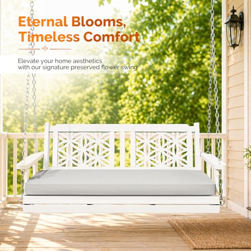 VINGLI 4.5 FT Outdoor Porch Swing with Cushions, Heavy Duty 880 LBS 2-Person Wooden Patio Swings with Eternal Flower Pattern and Fade-Resistant Seat Cushion for Yard, Garden, Tree (White)