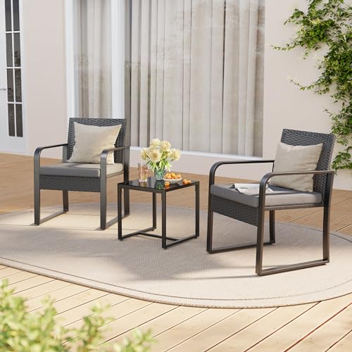 Gizoon 3 Piece Patio Bistro Set, Outdoor Black Wicker Furniture Sets, Modern Rattan Chair Conversation Sets with Coffee Table, for Yard, Garden, Balcony, Poolside, Cushion-Grey