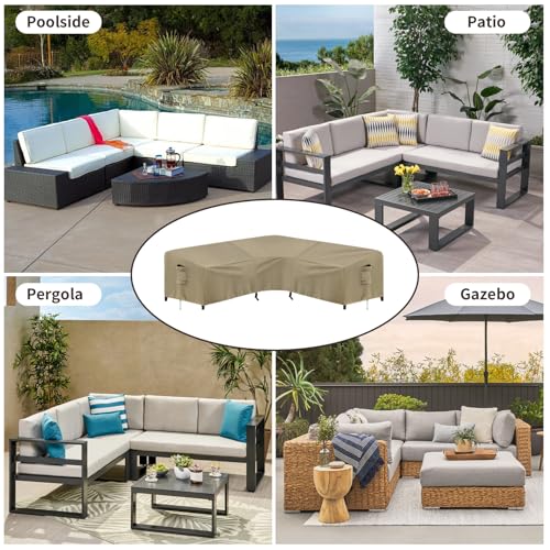 PureFit Outdoor Sectional Sofa Cover Waterproof V Shaped Patio Furniture Covers for Deck, Lawn and Backyard, 89”x89”, Camel