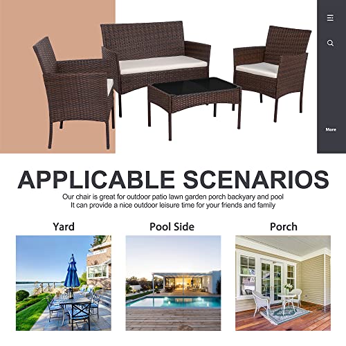 Shintenchi 4 Piece Patio Furniture Sets, Outdoor Small Patio Table and Chairs Set, Rattan Patio Conversation Set, Balcony Porch Furniture with Tempered Glass Coffee Table for Outside, Brown