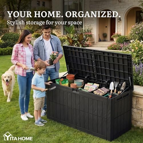 YITAHOME 110 Gallon Outdoor Deck Box, Waterproof Resin Storage Box with Lock, Lockable Patio Furniture Bin, 2-Person Bench Seating for Outdoor Cushions, Garden Tools & Sports/Pool Supplies, Black