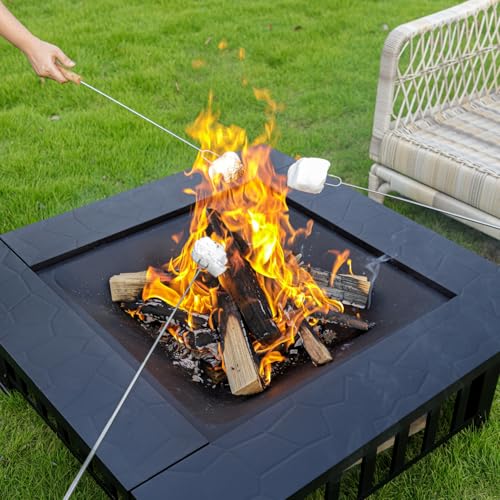 EcoNook 32 inch Fire Pit, Square Outdoor Fire Pit Table with Spark Screen & Fire Poker, 3-in-1 Multipurpose Firepits for Outside, Fireplace for Yard, Garden, Patio