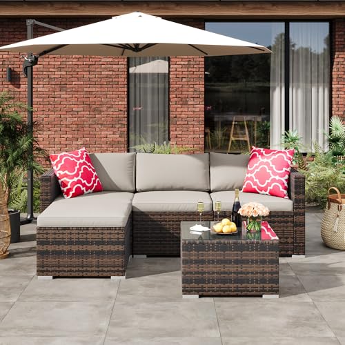 MilleLoom 5-Piece Outdoor Sectional Sofa Set, All-Weather PE Rattan Patio Furniture with Ottoman & Tempered Glass Table, Convertible Garden Couch for Backyard, Porch, Poolside (Brown/Light Gray)