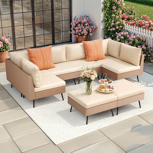 Pamapic 8-Piece Wicker Outdoor Furniture Set, All-Weather Patio Conversation Set with Thick Cushions & 2 Multi-Use Ottomans, Sectional Sofa Patio Furniture Set for Backyard, Porch, Beige